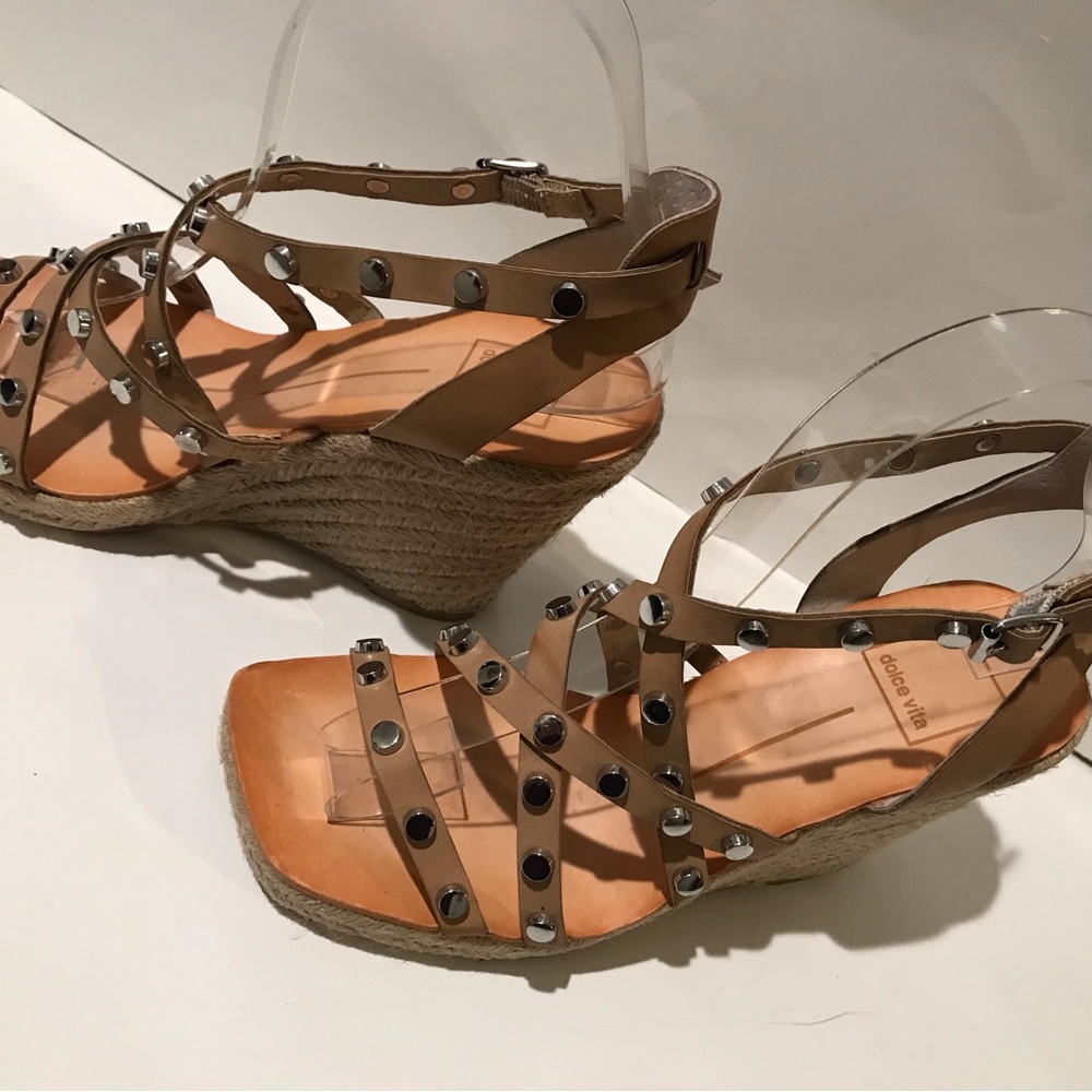 Dolce Vita Maxton Tan Espadrille Strappy Studded Square Toe Wedge Sandals 6 1/2 - Picture 9 of 15